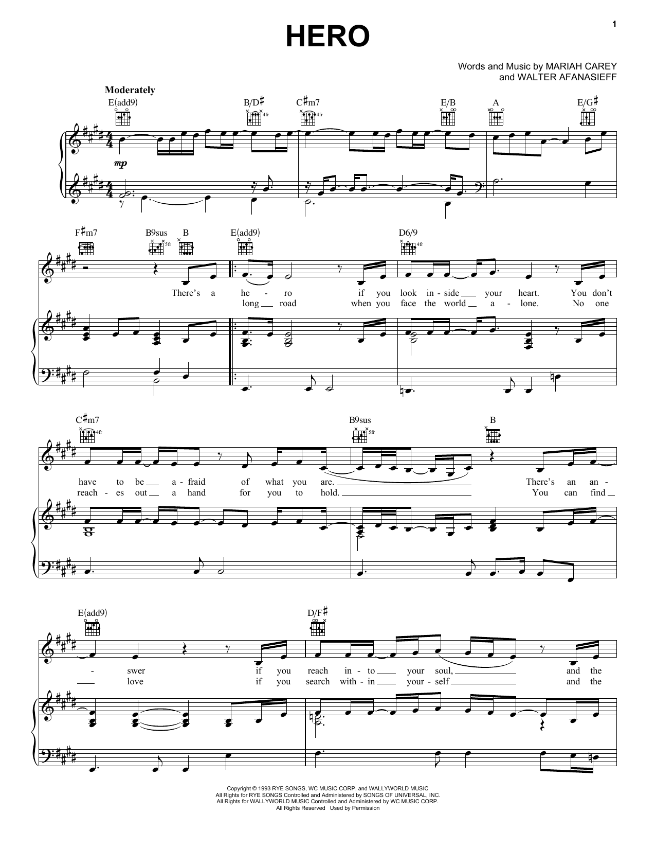 Mariah Carey Hero Sheet Music Notes & Chords for Melody Line, Lyrics & Chords - Download or Print PDF