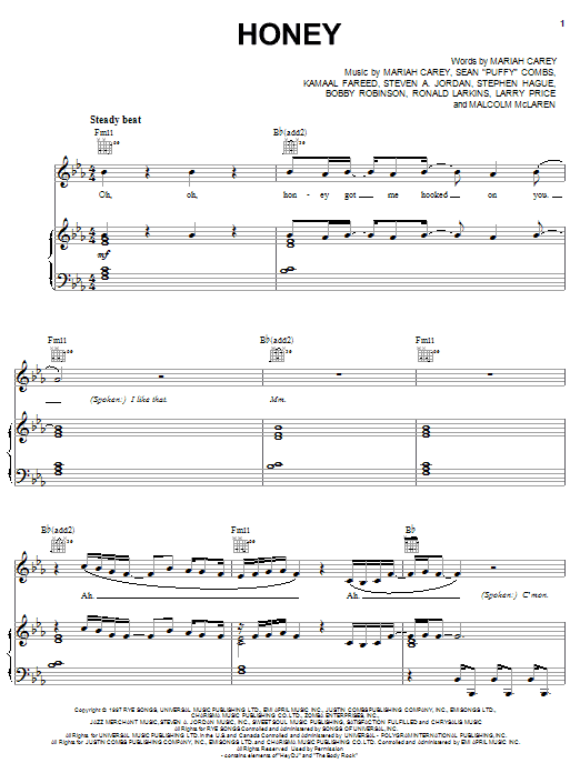 Mariah Carey Honey Sheet Music Notes & Chords for Piano, Vocal & Guitar (Right-Hand Melody) - Download or Print PDF