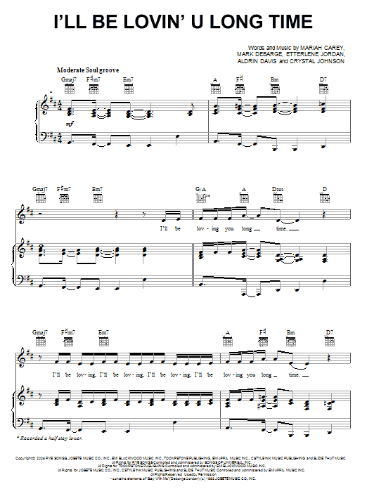 Mariah Carey I'll Be Lovin' U Long Time Sheet Music Notes & Chords for Piano, Vocal & Guitar (Right-Hand Melody) - Download or Print PDF