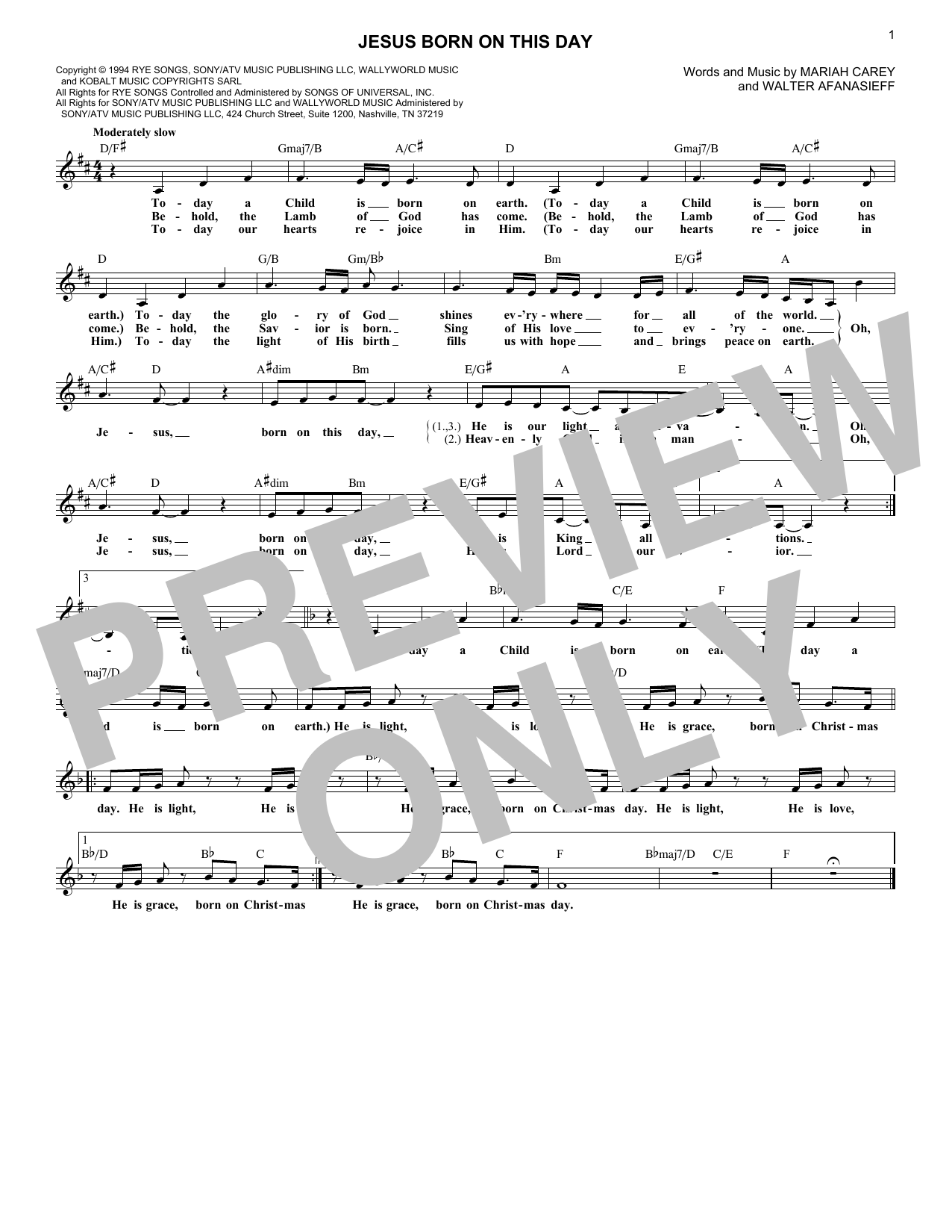 Mariah Carey Jesus Born On This Day Sheet Music Notes & Chords for Melody Line, Lyrics & Chords - Download or Print PDF