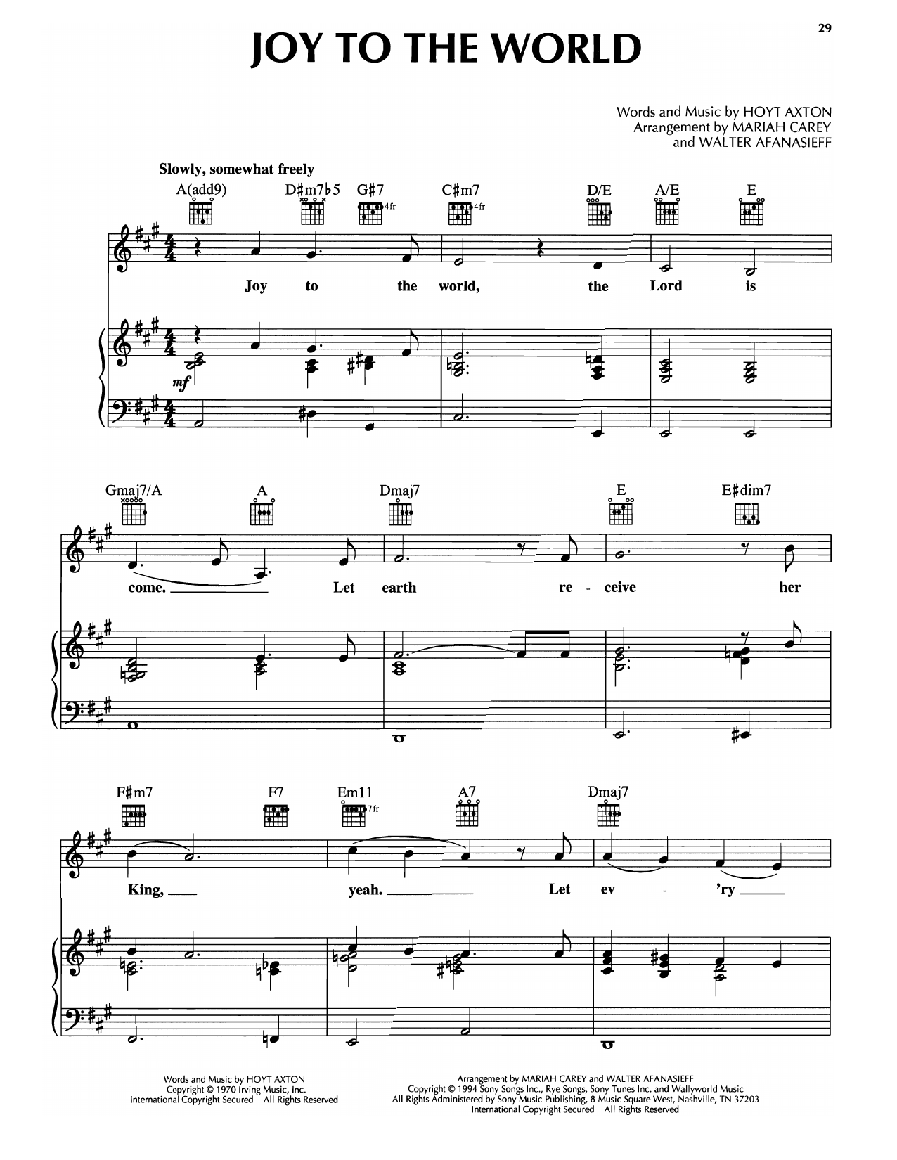 Mariah Carey Joy To The World Sheet Music Notes & Chords for Piano, Vocal & Guitar Chords (Right-Hand Melody) - Download or Print PDF