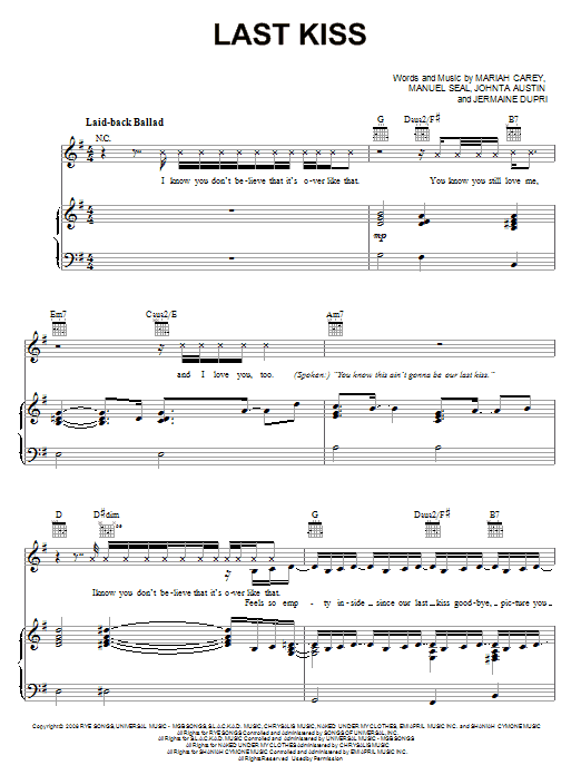 Mariah Carey Last Kiss Sheet Music Notes & Chords for Piano, Vocal & Guitar (Right-Hand Melody) - Download or Print PDF