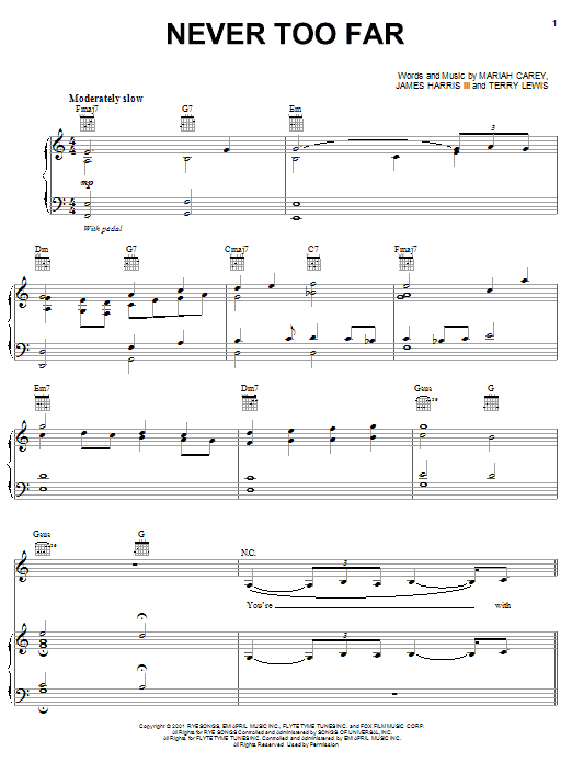 Mariah Carey Never Too Far Sheet Music Notes & Chords for Piano, Vocal & Guitar (Right-Hand Melody) - Download or Print PDF