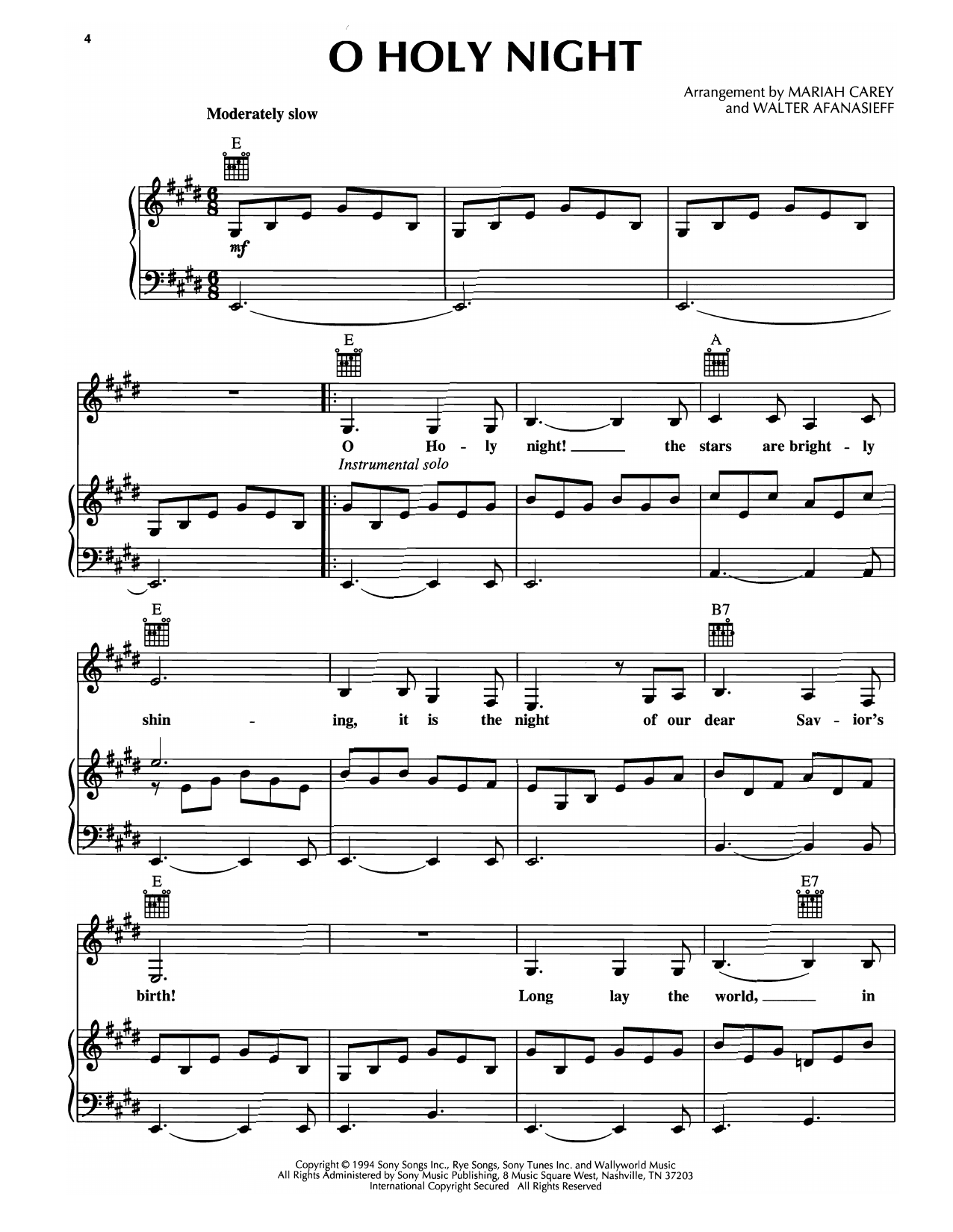 Mariah Carey O Holy Night Sheet Music Notes & Chords for Piano, Vocal & Guitar Chords (Right-Hand Melody) - Download or Print PDF