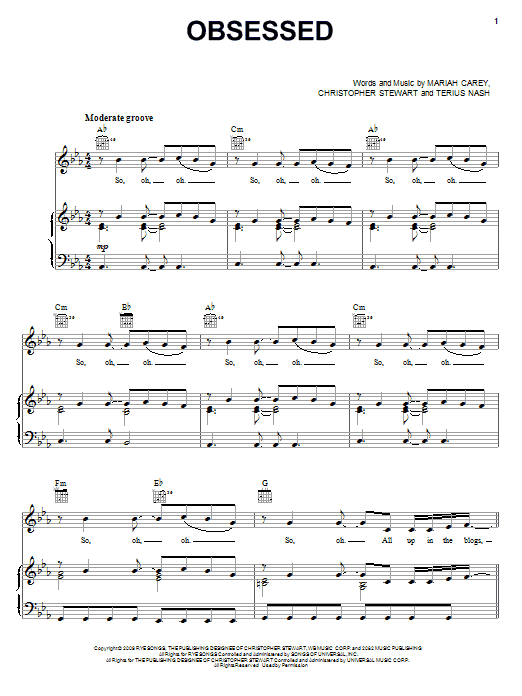 Mariah Carey Obsessed Sheet Music Notes & Chords for Piano, Vocal & Guitar (Right-Hand Melody) - Download or Print PDF