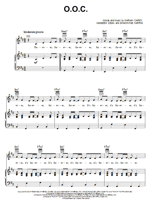 Mariah Carey O.O.C. Sheet Music Notes & Chords for Piano, Vocal & Guitar (Right-Hand Melody) - Download or Print PDF