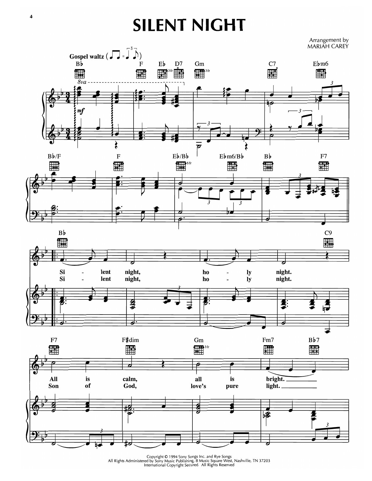 Mariah Carey Silent Night Sheet Music Notes & Chords for Piano, Vocal & Guitar Chords (Right-Hand Melody) - Download or Print PDF
