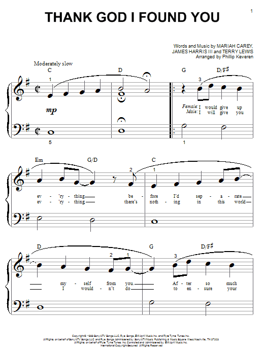 Mariah Carey Thank God I Found You (feat. Joe & 98 Degrees) Sheet Music Notes & Chords for Piano (Big Notes) - Download or Print PDF