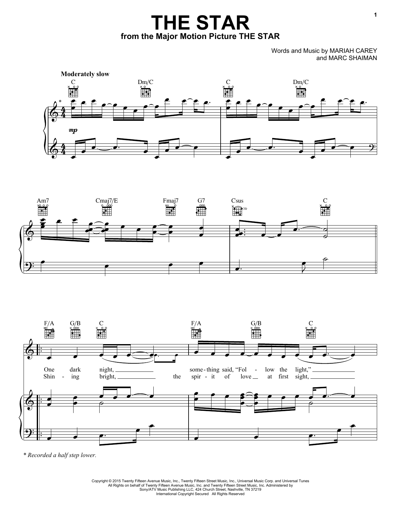 Mariah Carey The Star Sheet Music Notes & Chords for Piano, Vocal & Guitar (Right-Hand Melody) - Download or Print PDF