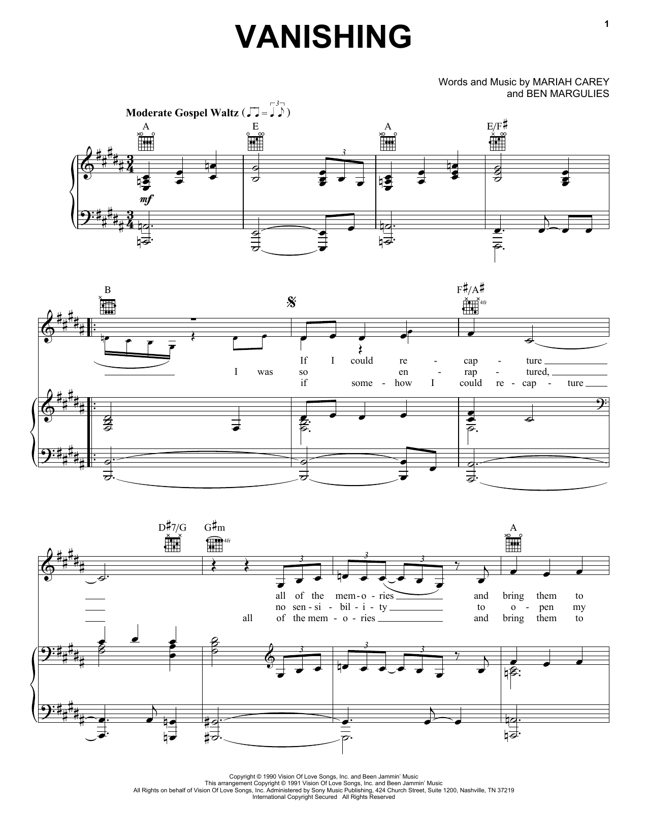 Mariah Carey Vanishing Sheet Music Notes & Chords for Piano, Vocal & Guitar (Right-Hand Melody) - Download or Print PDF