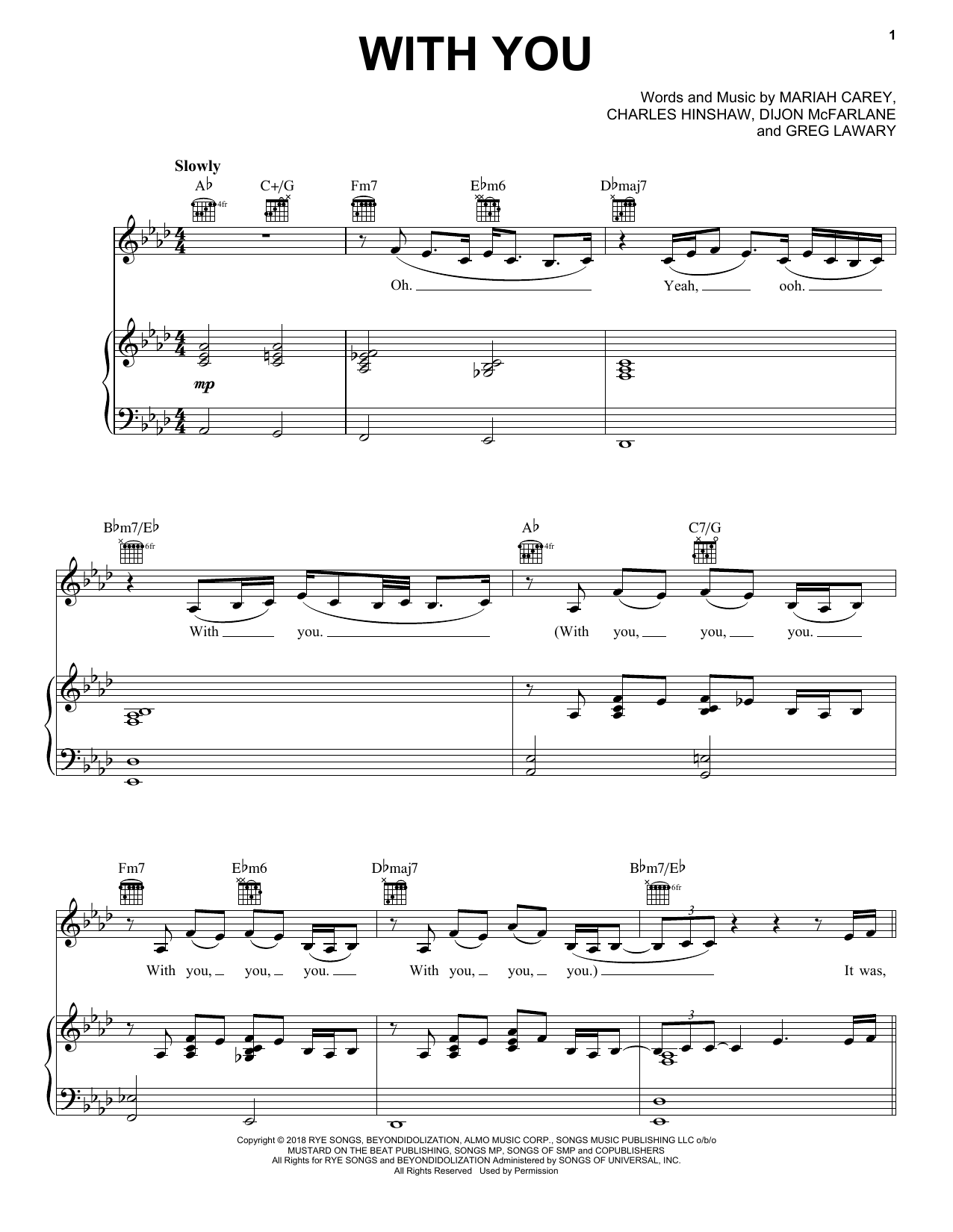 Mariah Carey With You Sheet Music Notes & Chords for Piano, Vocal & Guitar (Right-Hand Melody) - Download or Print PDF