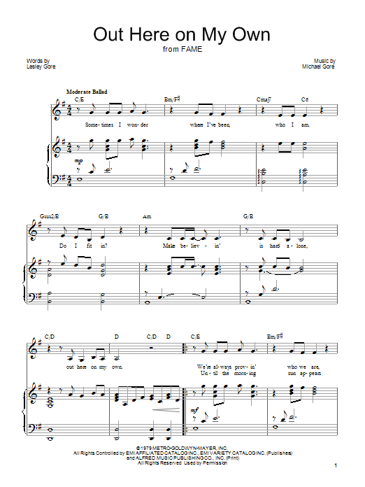 Mariann Cook Out Here On My Own Sheet Music Notes & Chords for Piano, Vocal & Guitar (Right-Hand Melody) - Download or Print PDF