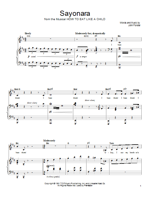 Mariann Cook Sayonara Sheet Music Notes & Chords for Piano, Vocal & Guitar (Right-Hand Melody) - Download or Print PDF