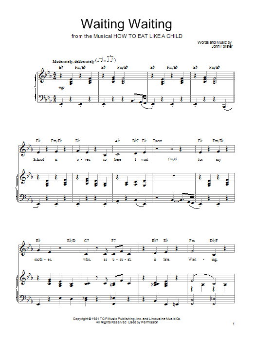 Mariann Cook Waiting Waiting Sheet Music Notes & Chords for Piano, Vocal & Guitar (Right-Hand Melody) - Download or Print PDF