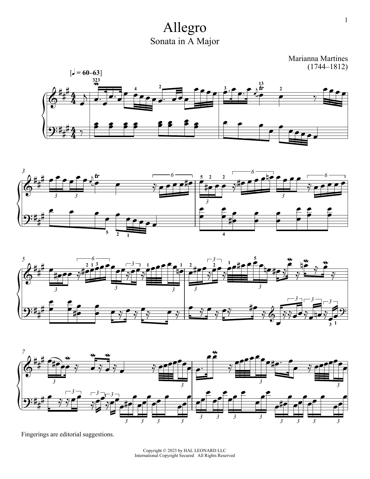 Marianna Martines Allegro Sheet Music Notes & Chords for Piano Solo - Download or Print PDF