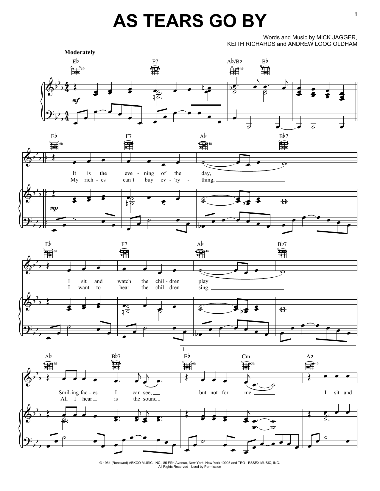 Marianne Faithfull As Tears Go By Sheet Music Notes & Chords for Piano, Vocal & Guitar (Right-Hand Melody) - Download or Print PDF