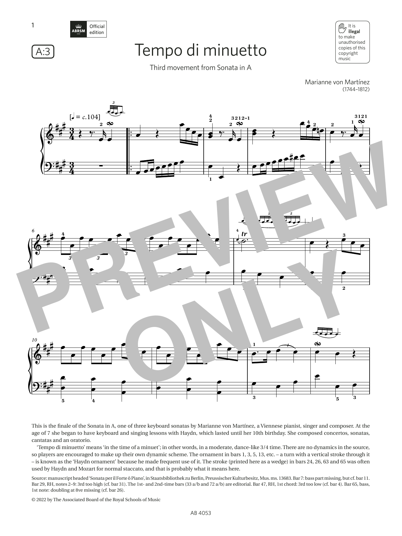 Marianne von Martínez Tempo di minuetto (Grade 7, list A3, from the ABRSM Piano Syllabus 2023 & 2024) Sheet Music Notes & Chords for Piano Solo - Download or Print PDF