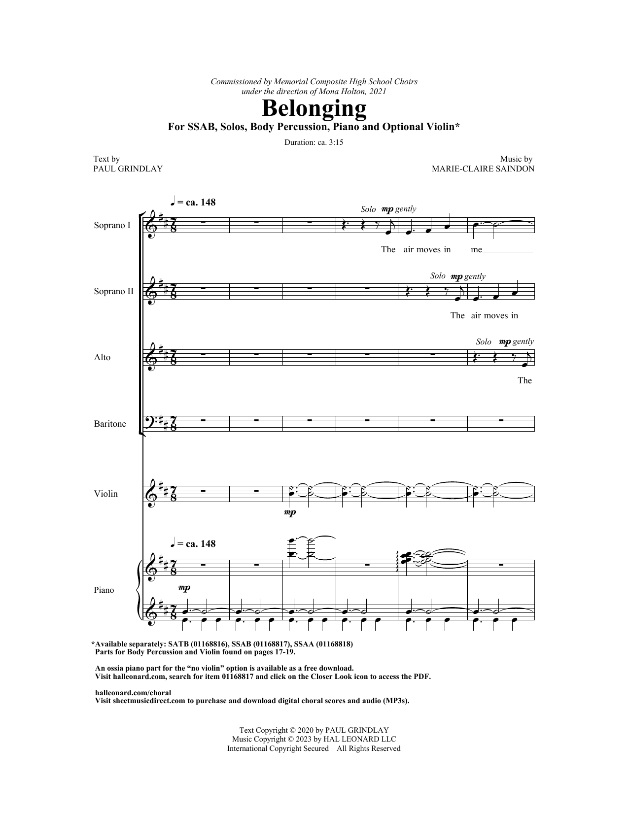 Marie-Clairé Saindon Belonging Sheet Music Notes & Chords for SSAA Choir - Download or Print PDF
