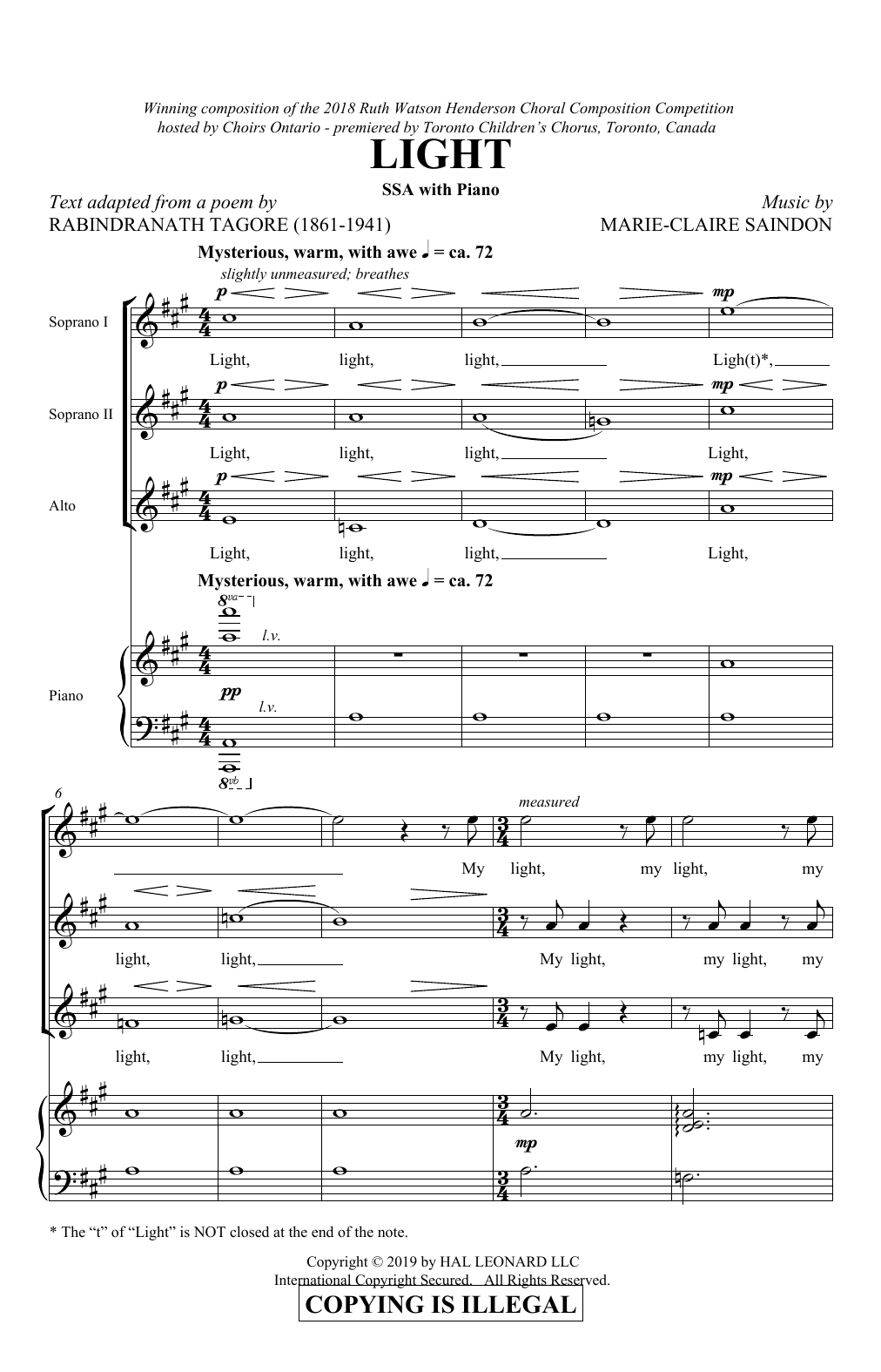 Marie-Claire Saindon Light Sheet Music Notes & Chords for SSA Choir - Download or Print PDF