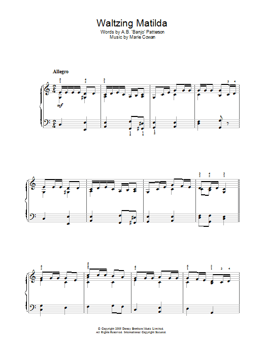 Marie Cowan Waltzing Matilda Sheet Music Notes & Chords for Beginner Piano - Download or Print PDF