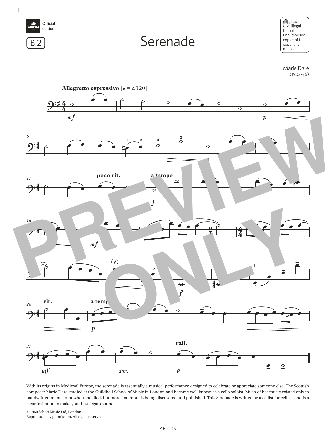 Marie Dare Serenade (Grade 2, B2, from the ABRSM Cello Syllabus from 2024) Sheet Music Notes & Chords for Cello Solo - Download or Print PDF
