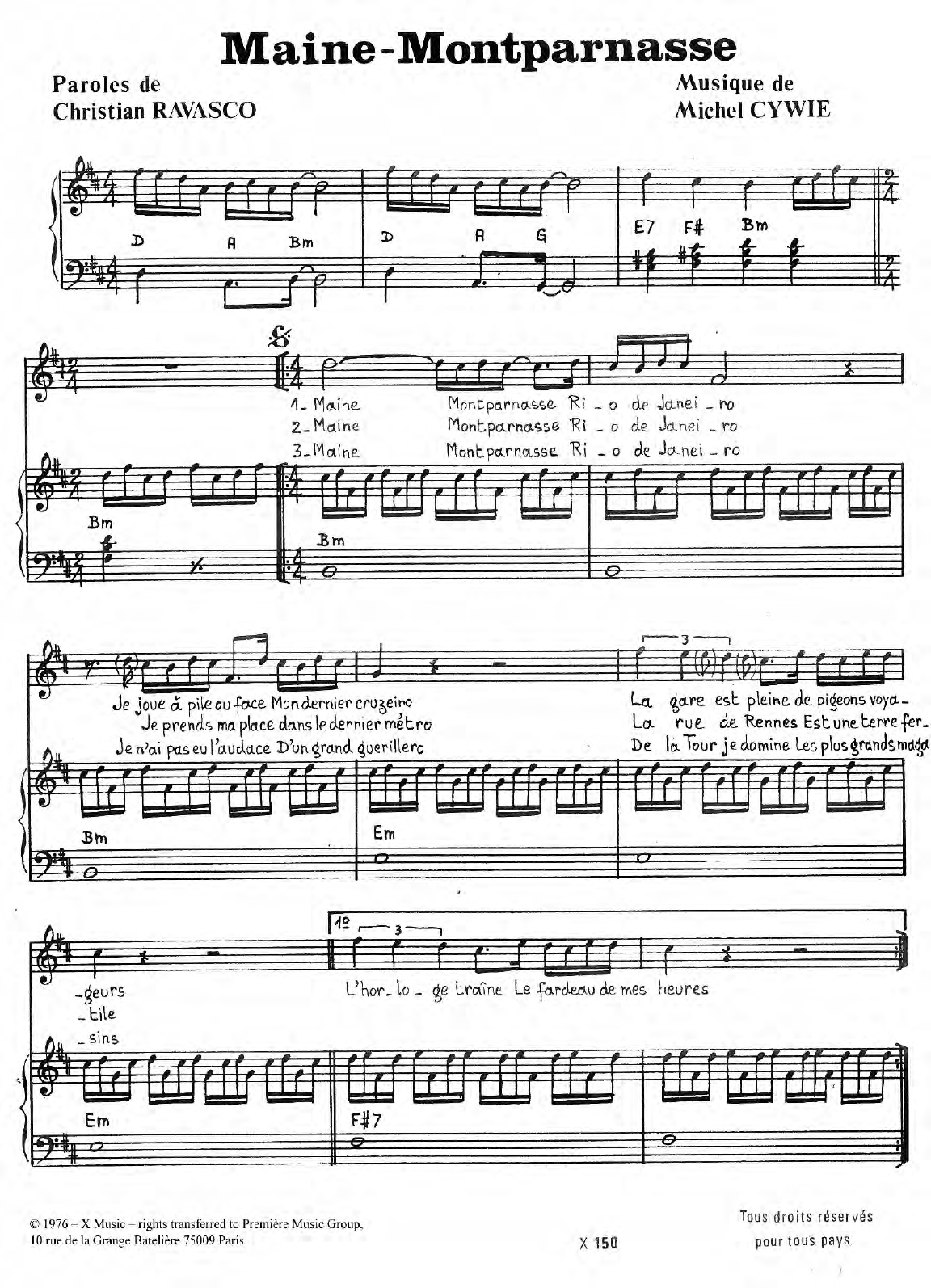 Marie Laforet Maine Montparnasse Sheet Music Notes & Chords for Piano & Vocal - Download or Print PDF