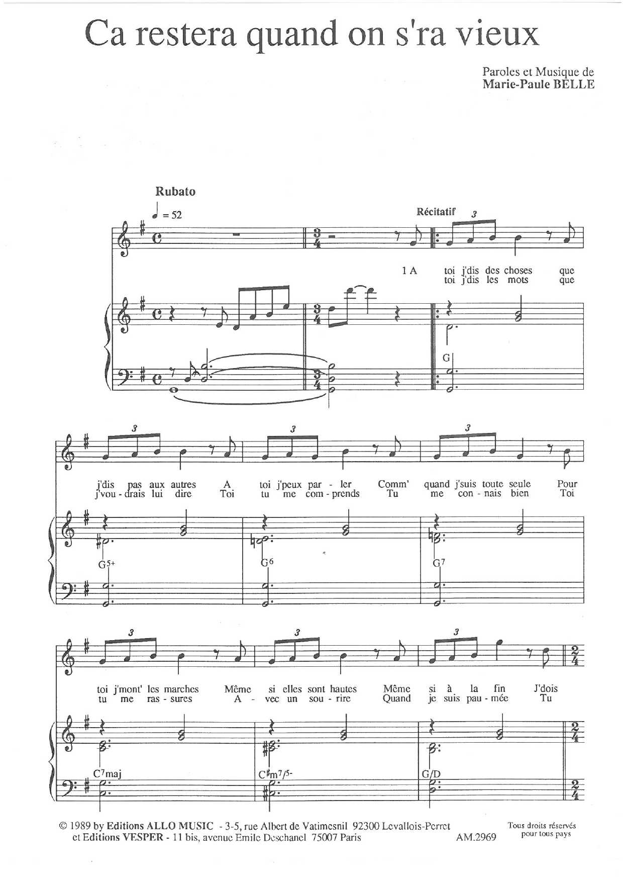 Marie Paule Belle Ca Restera Quand On S'ra Vieux Sheet Music Notes & Chords for Piano & Vocal - Download or Print PDF