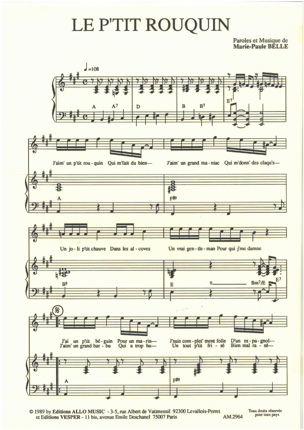 Marie Paule Belle Le P'tit Rouquin Sheet Music Notes & Chords for Piano & Vocal - Download or Print PDF