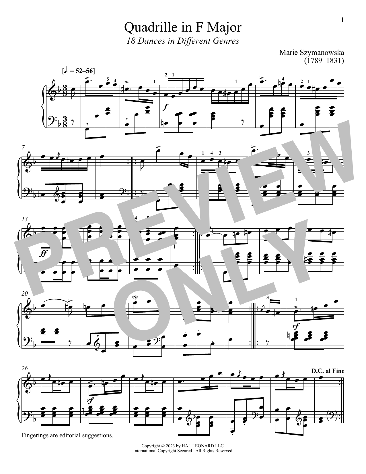 Marie Szymanowska Quadrille in F Major Sheet Music Notes & Chords for Piano Solo - Download or Print PDF