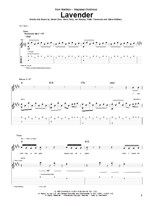 Marillion Lavender Sheet Music Notes & Chords for Guitar Tab - Download or Print PDF
