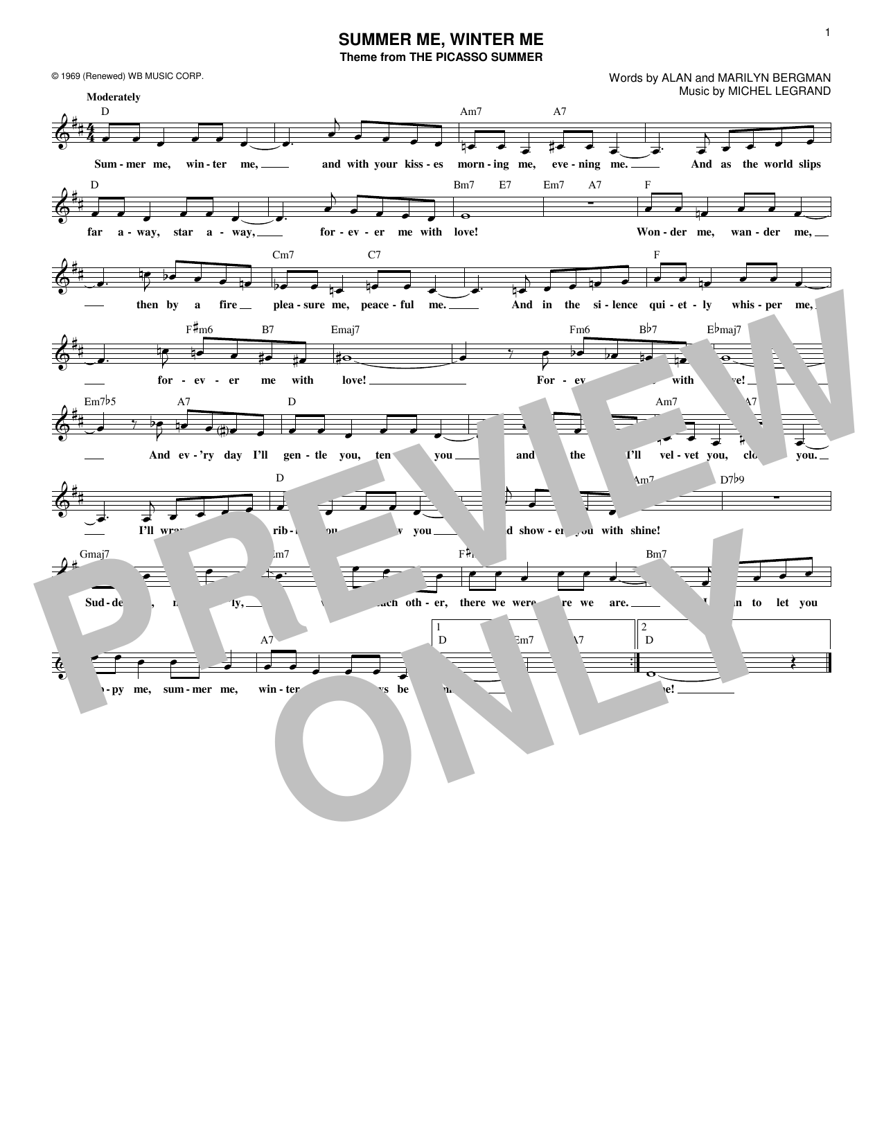 Marilyn Bergman Summer Me, Winter Me Sheet Music Notes & Chords for Melody Line, Lyrics & Chords - Download or Print PDF