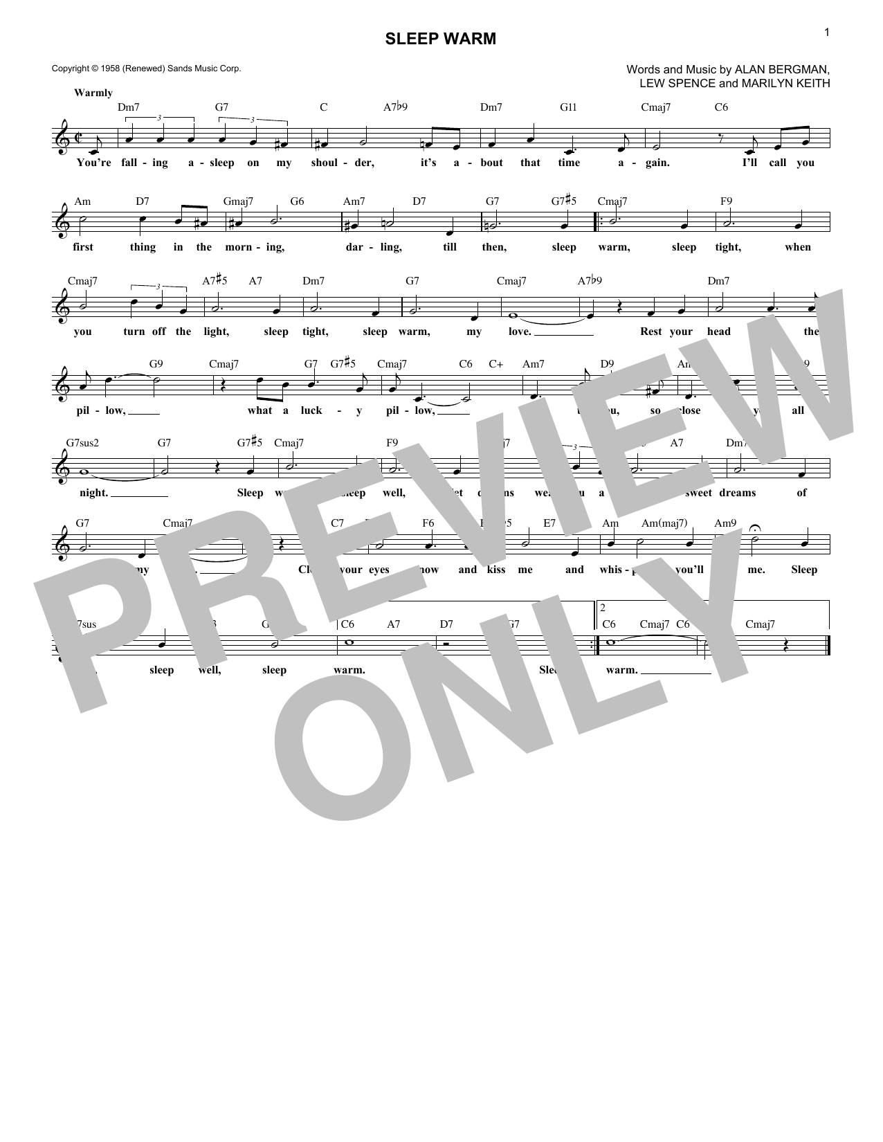 Marilyn Keith Sleep Warm Sheet Music Notes & Chords for Melody Line, Lyrics & Chords - Download or Print PDF