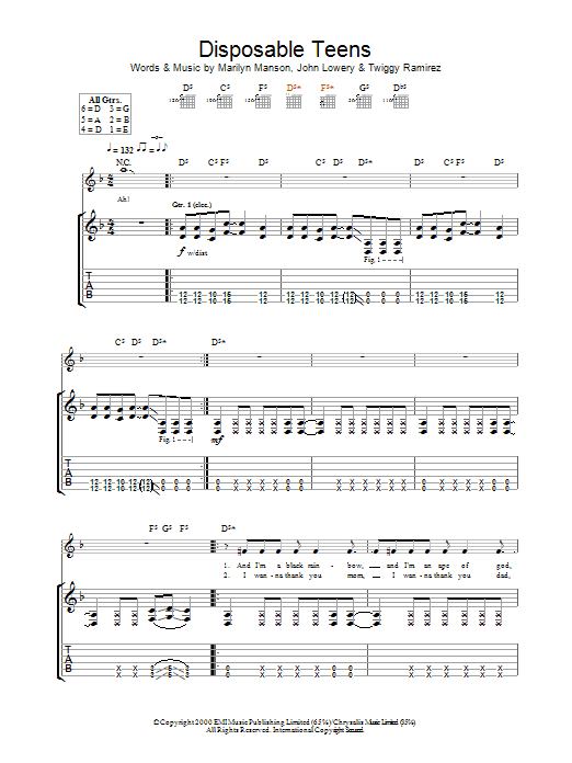 Marilyn Manson Disposable Teens Sheet Music Notes & Chords for Guitar Tab - Download or Print PDF