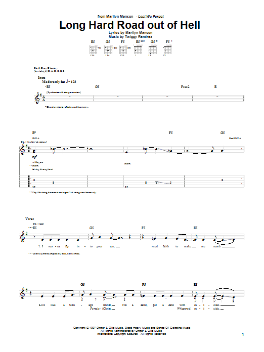 Marilyn Manson Long Hard Road Out Of Hell Sheet Music Notes & Chords for Guitar Tab - Download or Print PDF Marilyn Manson Long Hard Road Out Of Hell Sheet Music Notes & Chords for Guitar Tab - Download or Print PDF