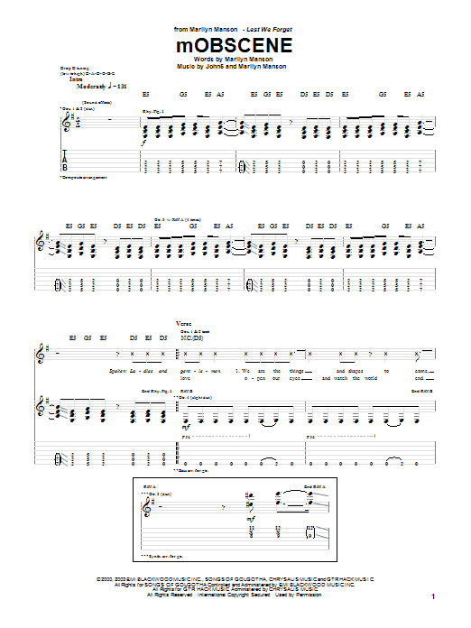 Marilyn Manson mOBSCENE Sheet Music Notes & Chords for Guitar Tab - Download or Print PDF