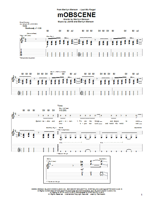 Marilyn Manson mOBSCENE Sheet Music Notes & Chords for Lyrics & Chords - Download or Print PDF