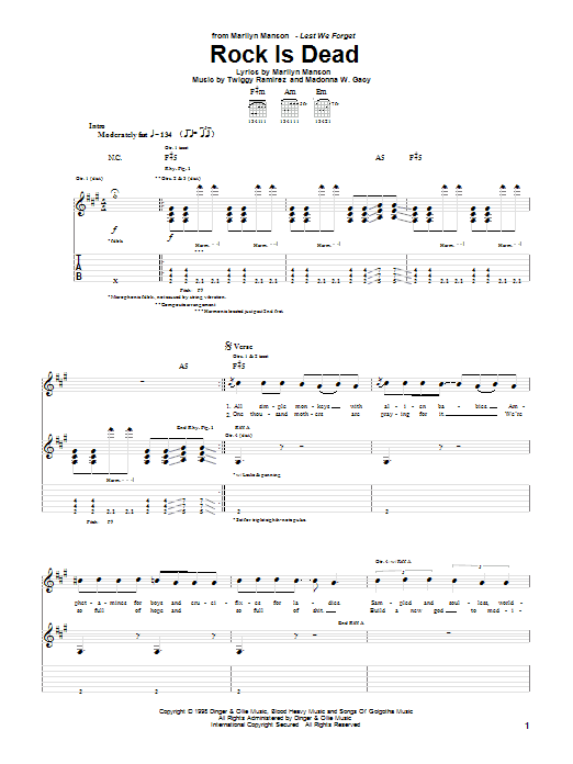 Marilyn Manson Rock Is Dead Sheet Music Notes & Chords for Guitar Tab - Download or Print PDF Marilyn Manson Rock Is Dead Sheet Music Notes & Chords for Guitar Tab - Download or Print PDF