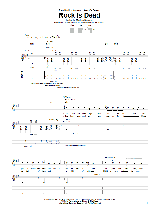 Marilyn Manson Rock Is Dead Sheet Music Notes & Chords for Guitar Tab - Download or Print PDF
