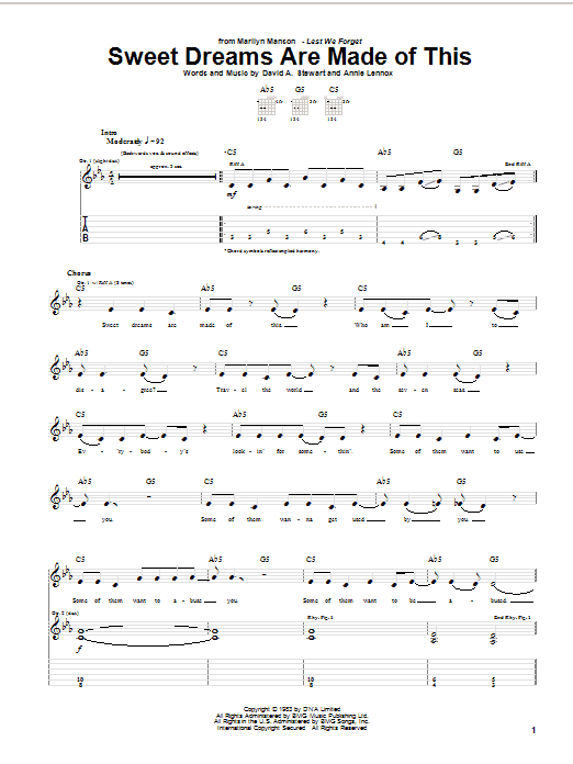 Marilyn Manson Sweet Dreams (Are Made Of This) Sheet Music Notes & Chords for Guitar Tab - Download or Print PDF