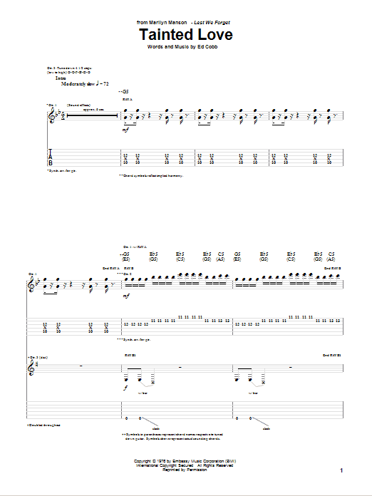 Marilyn Manson Tainted Love Sheet Music Notes & Chords for Guitar Tab - Download or Print PDF
