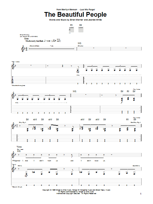 Marilyn Manson The Beautiful People Sheet Music Notes & Chords for Easy Guitar Tab - Download or Print PDF