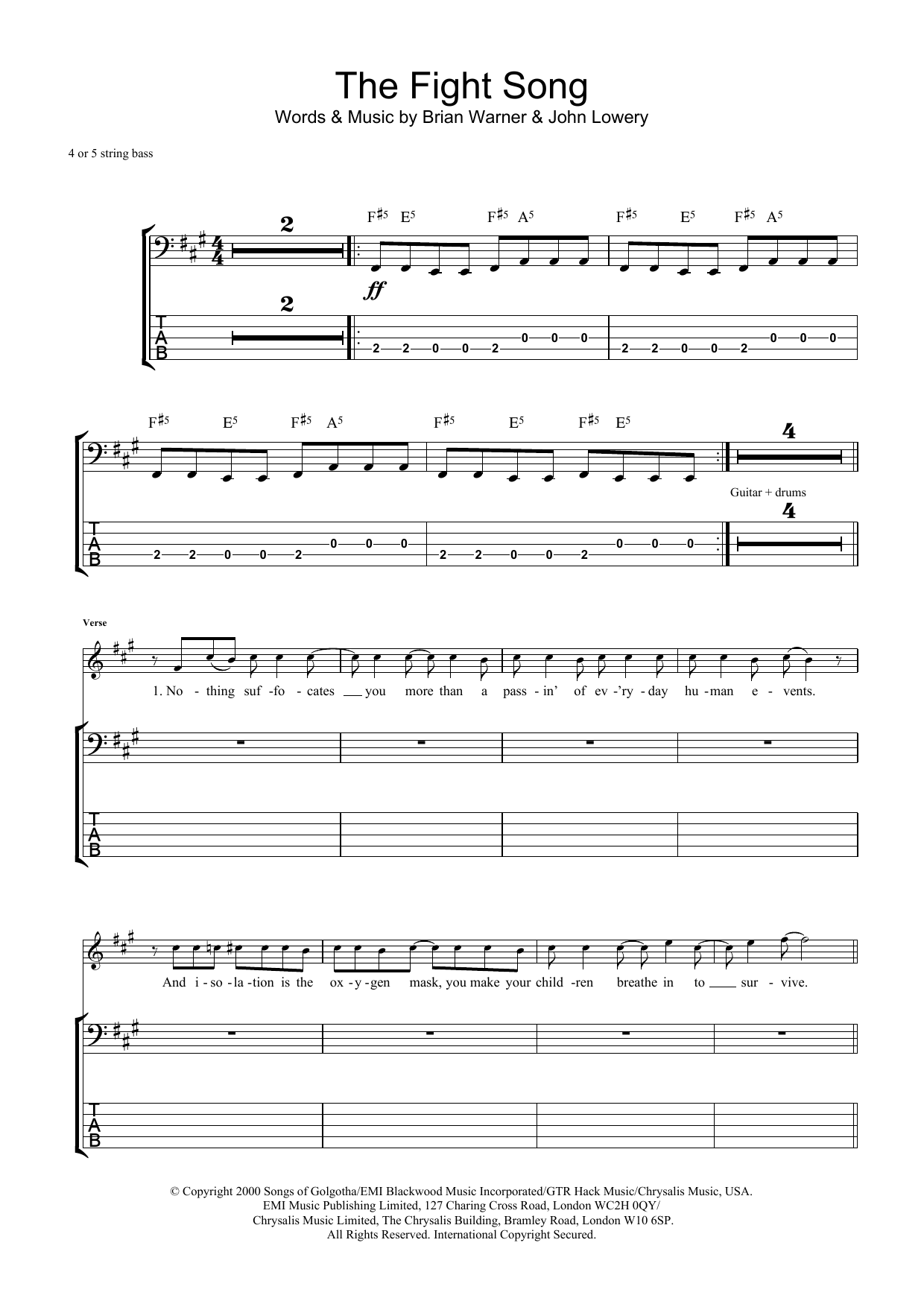 Marilyn Manson The Fight Song Sheet Music Notes & Chords for Guitar Tab - Download or Print PDF