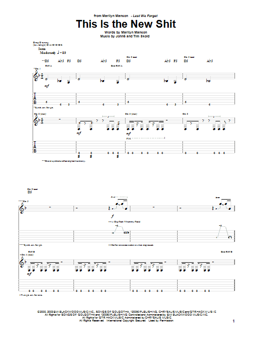 Marilyn Manson This Is The New Shit Sheet Music Notes & Chords for Guitar Tab - Download or Print PDF