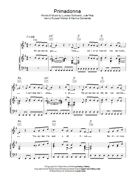 Marina & The Diamonds Primadonna Sheet Music Notes & Chords for Piano, Vocal & Guitar (Right-Hand Melody) - Download or Print PDF