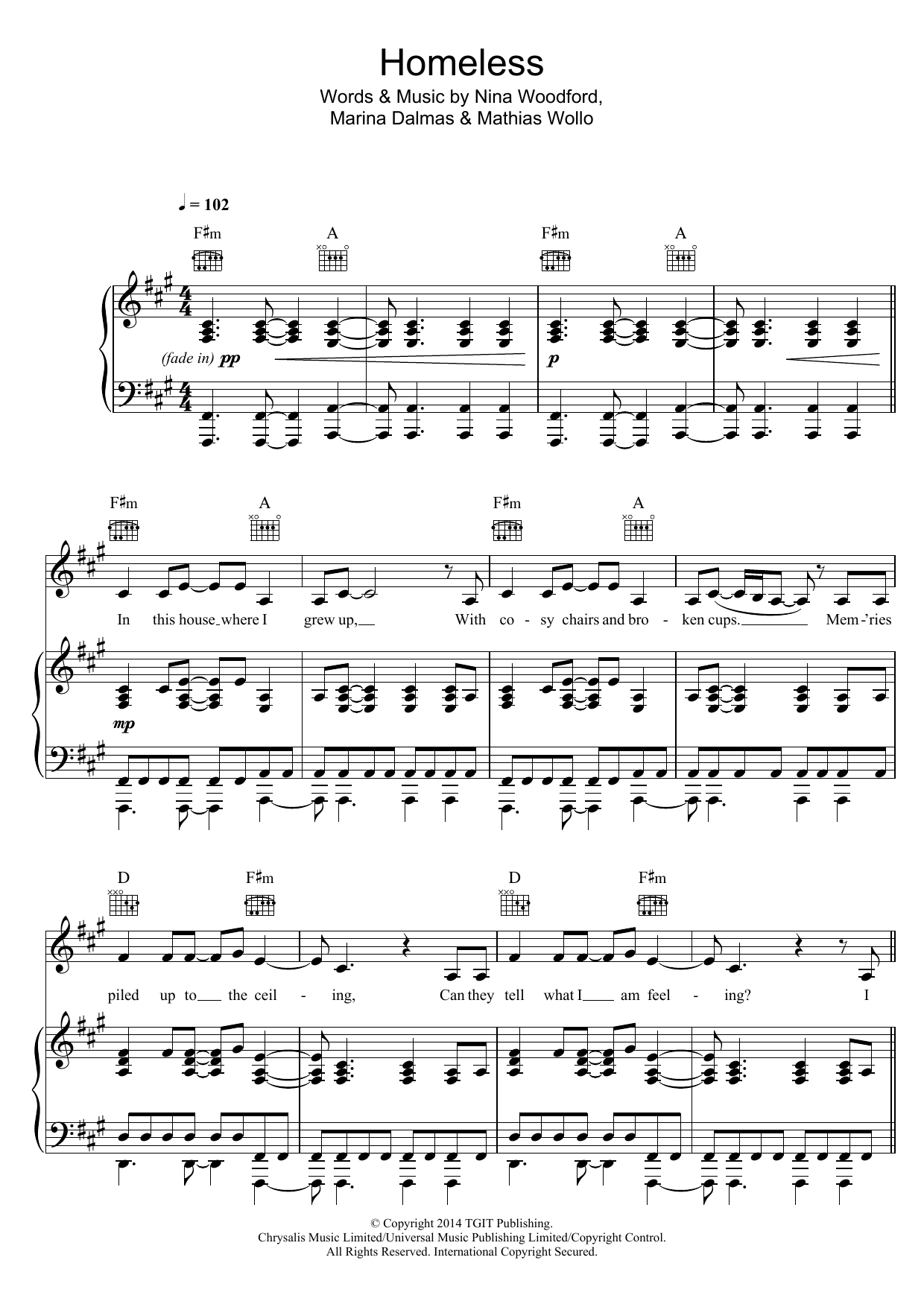 Marina Kaye Homeless Sheet Music Notes & Chords for Piano, Vocal & Guitar (Right-Hand Melody) - Download or Print PDF