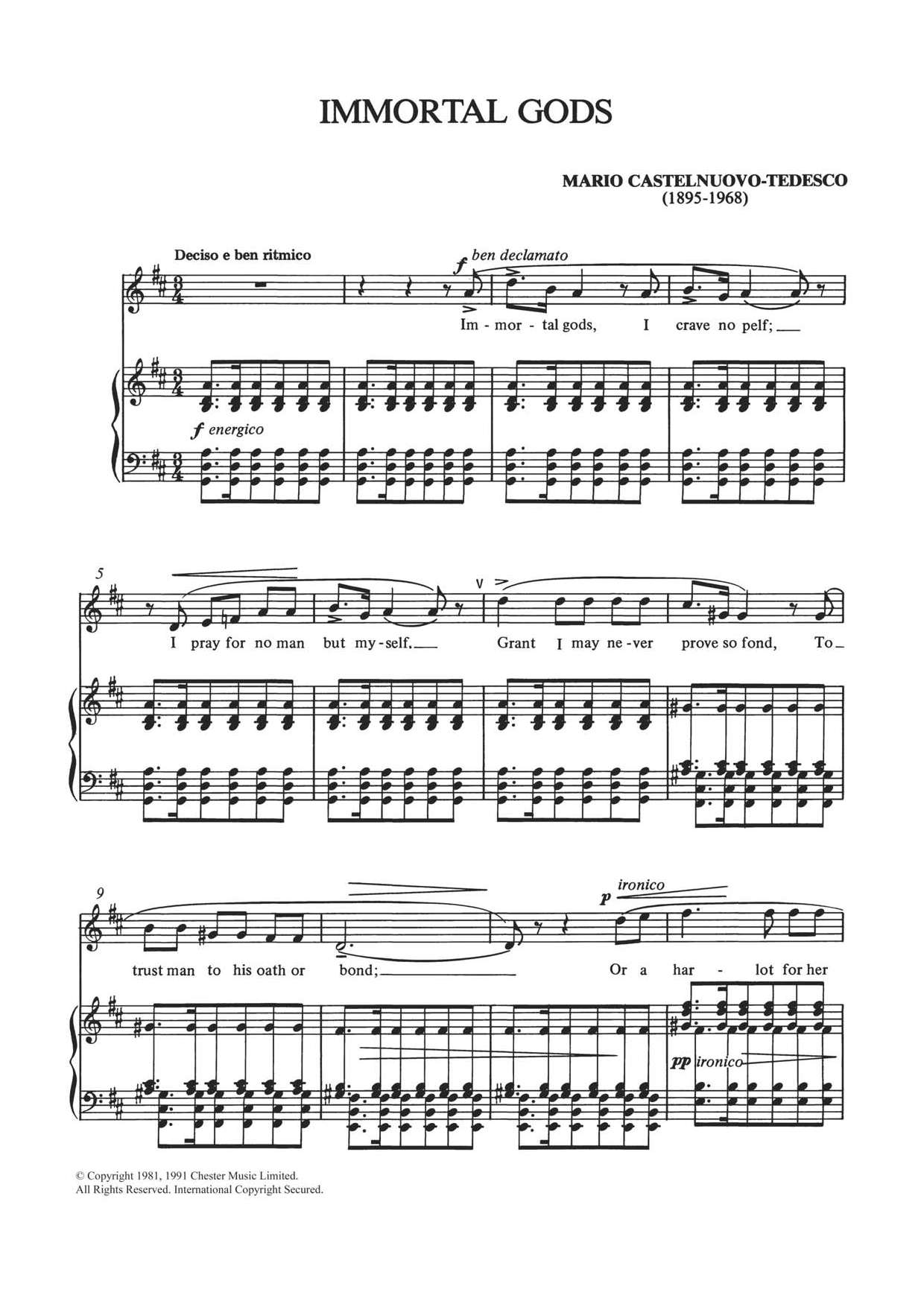 Mario Castelnuovo-Tedesco Immortal Gods Sheet Music Notes & Chords for Piano, Vocal & Guitar - Download or Print PDF