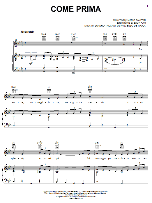 Mario Lanza Come Prima Sheet Music Notes & Chords for Piano, Vocal & Guitar (Right-Hand Melody) - Download or Print PDF