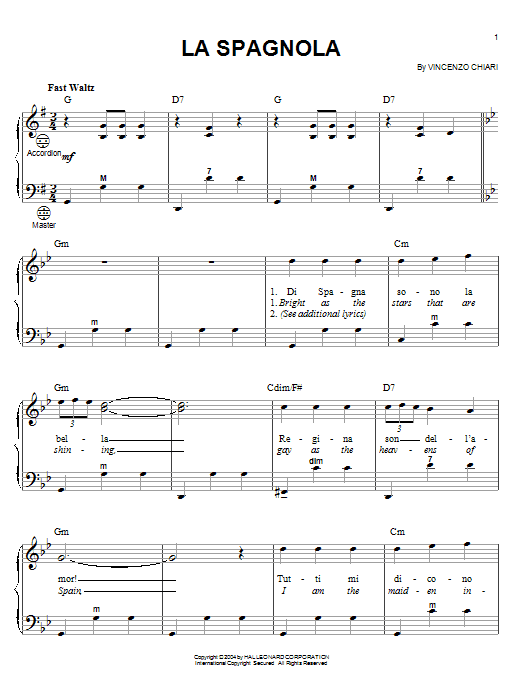 Mario Lanza La Spagnola Sheet Music Notes & Chords for Accordion - Download or Print PDF