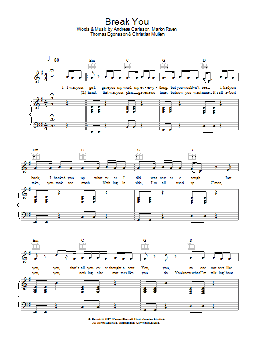 Marion Raven Break You Sheet Music Notes & Chords for Piano, Vocal & Guitar - Download or Print PDF