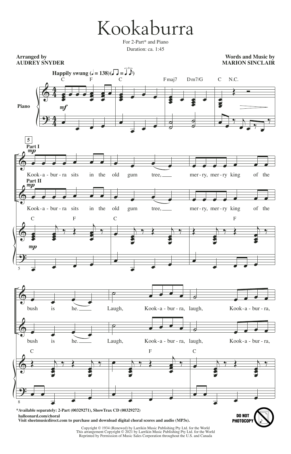 Marion Sinclair Kookaburra (Kookaburra Sits In The Old Gum Tree) (arr. Audrey Snyder) Sheet Music Notes & Chords for 2-Part Choir - Download or Print PDF